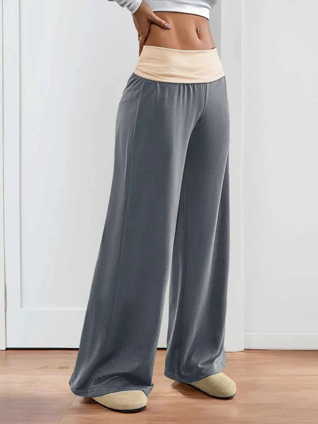 Contrast Waistband Wide Leg Pants -- 