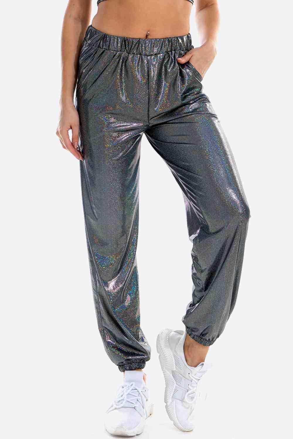 Glitter Elastic Waist Pants with Pockets -- 