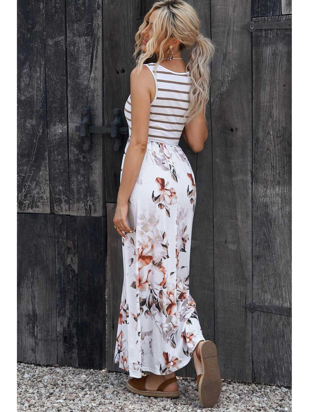 Striped Floral Round Neck Sleeveless Maxi Dress -- 