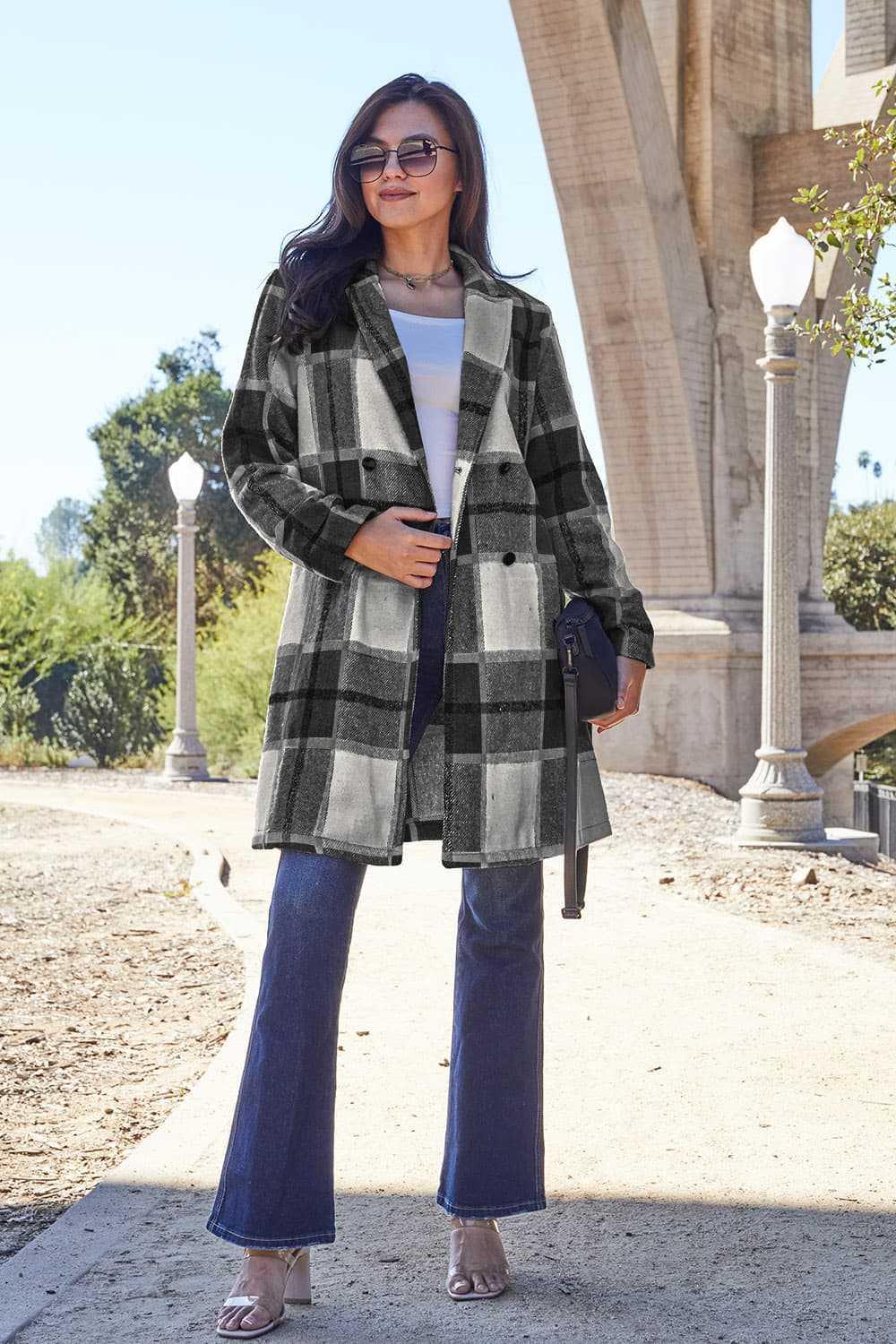 Double Take Full Size Plaid Button Up Lapel Collar Coat -- 