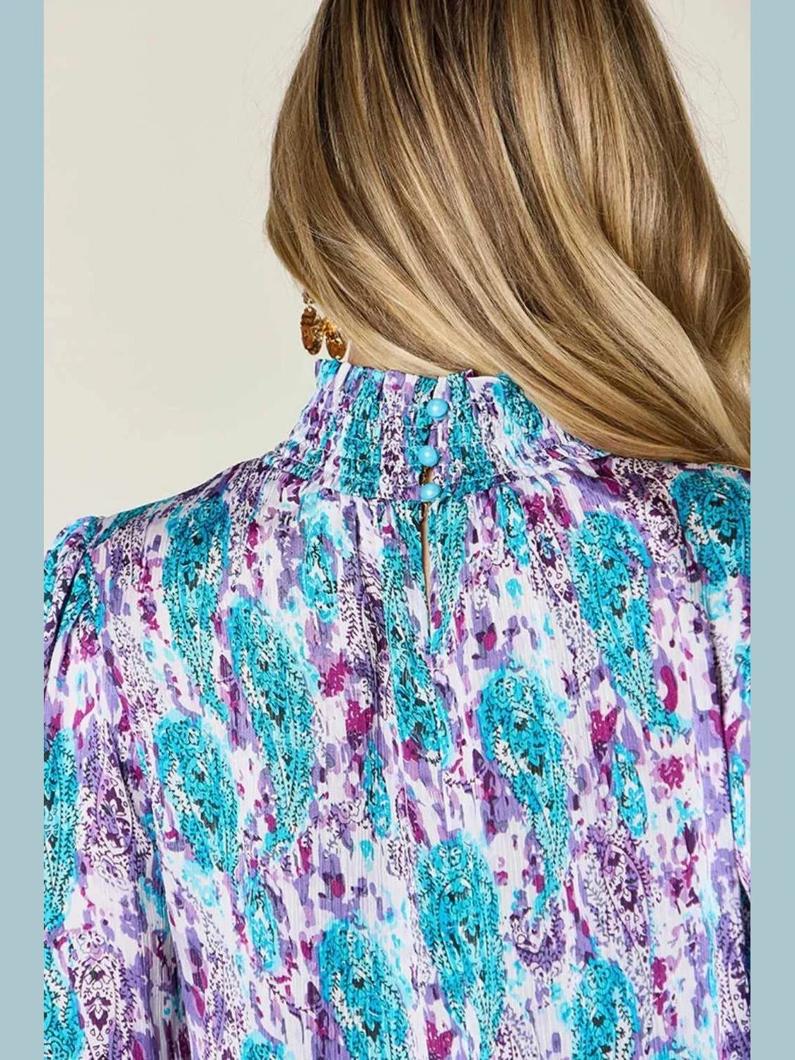 Double Take Full Size Printed Smocked Long Sleeve Blouse -- 