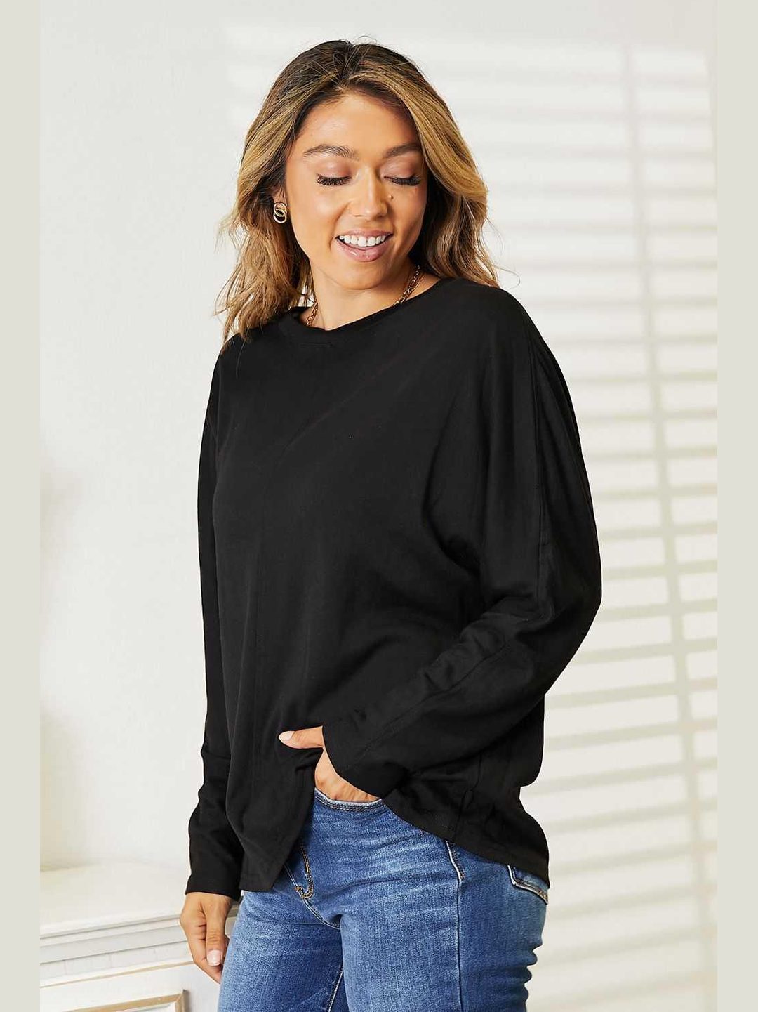 Double Take Seam Detail Round Neck Long Sleeve Top -- 