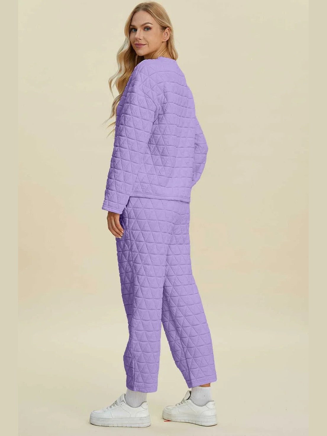 Double Take Full Size Texture Round Neck Long Sleeve Top and Pants Set -- 