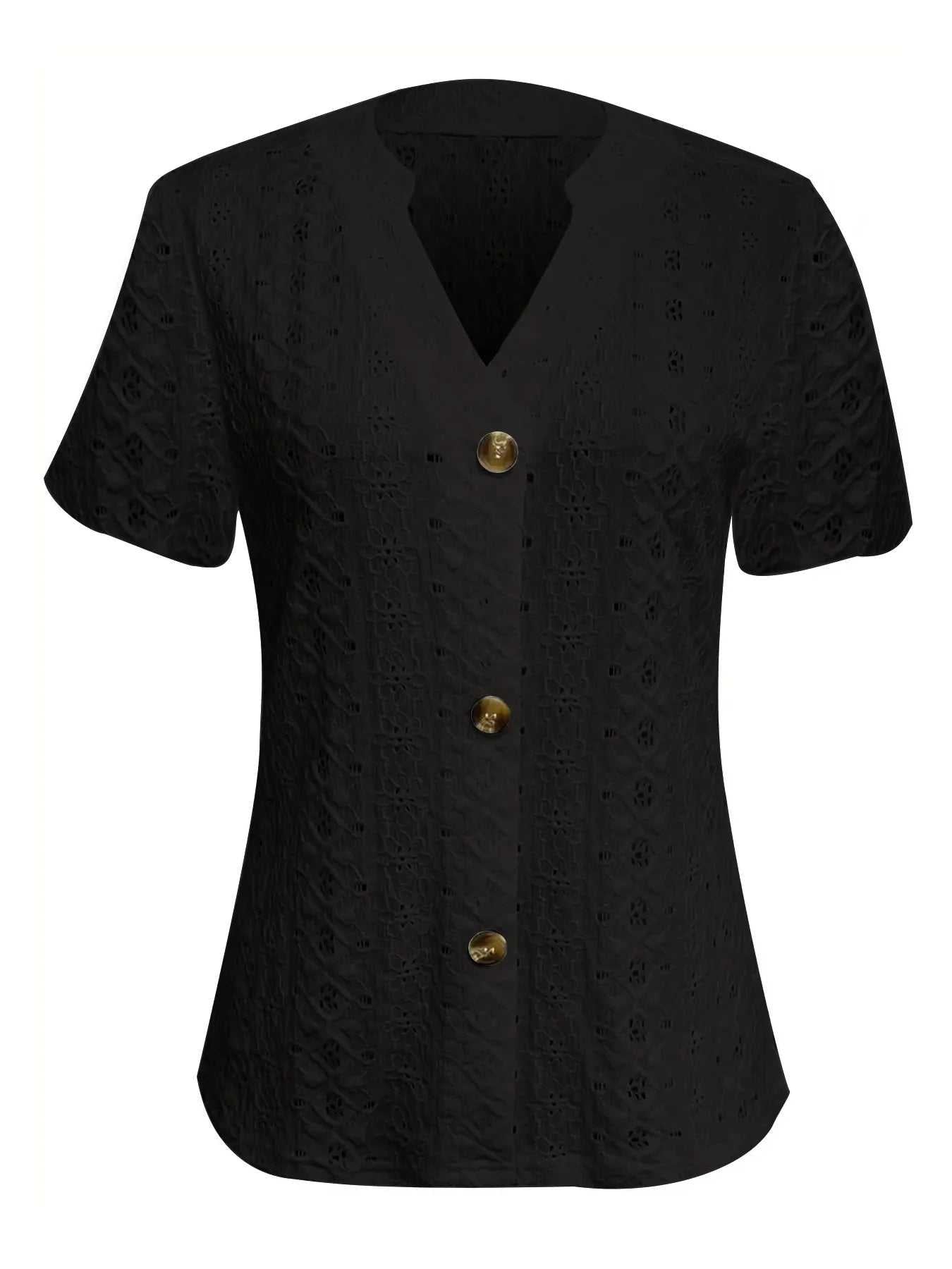 Openwork Notched Short Sleeve Top