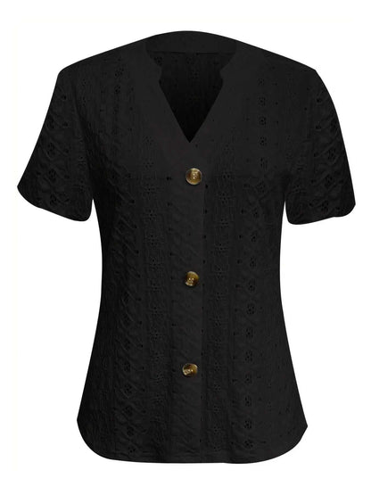 Openwork Notched Short Sleeve Top