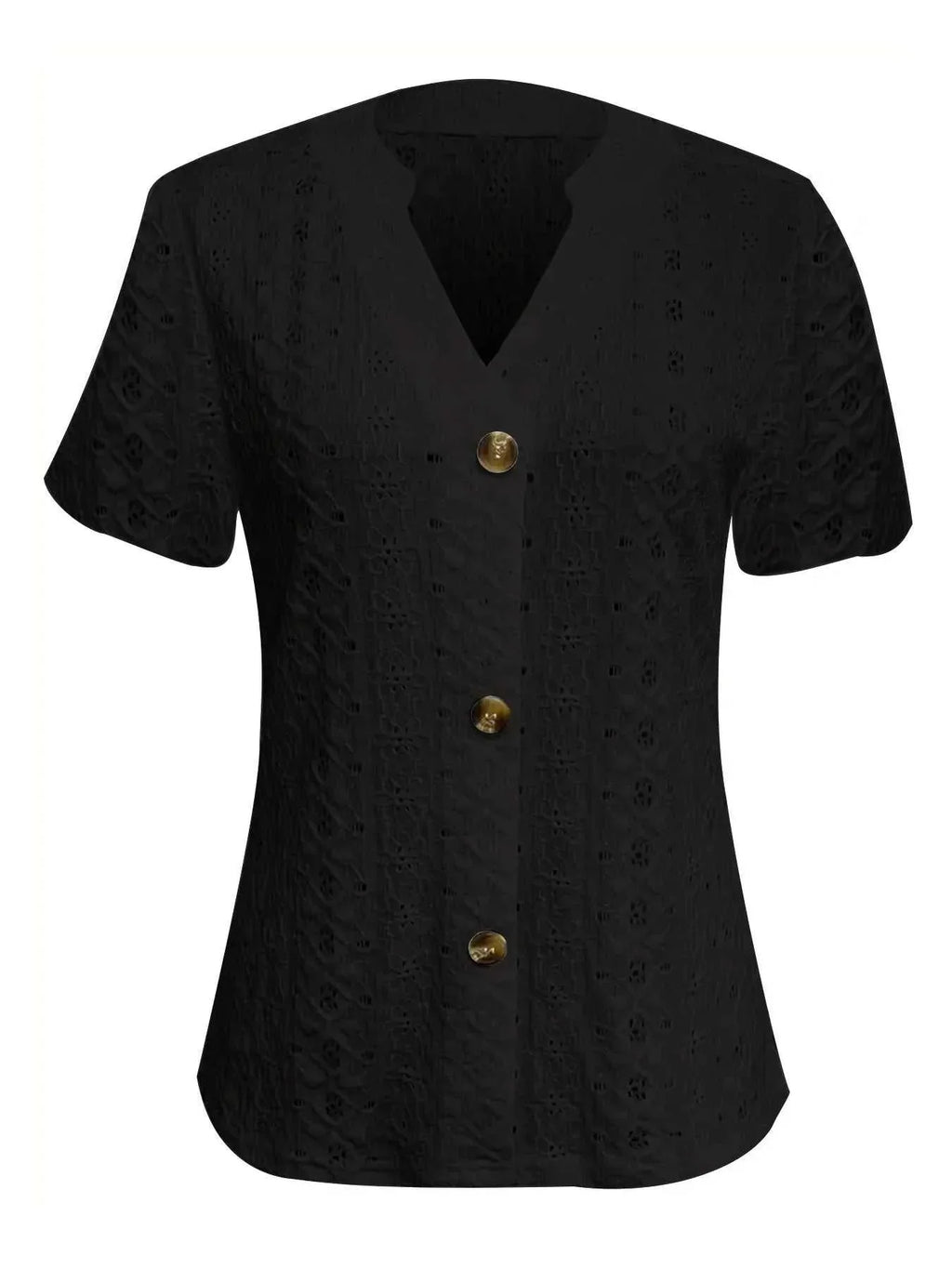 Openwork Notched Short Sleeve Top -- 