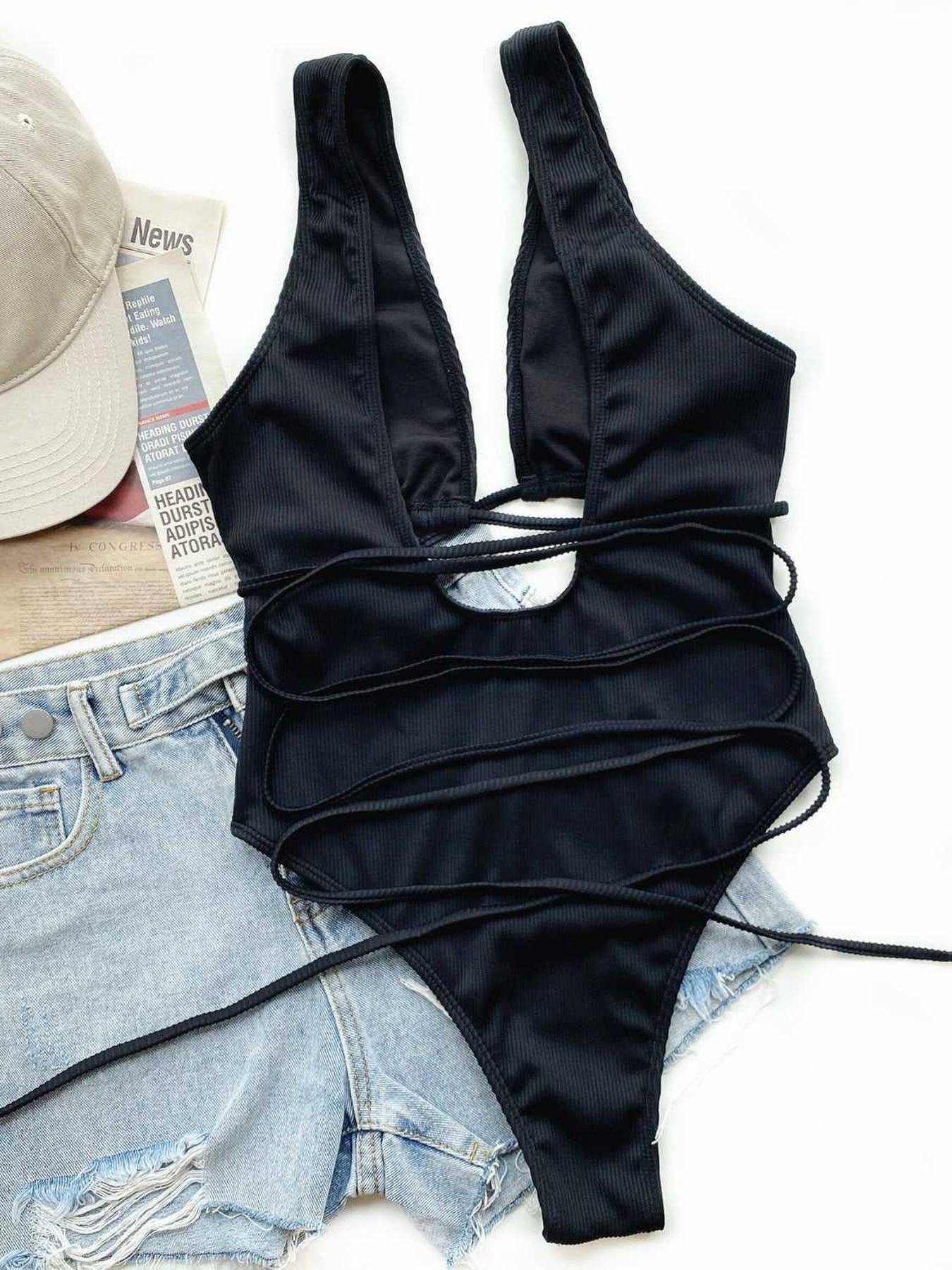 Ribbed Lace Up One-Piece Swimsuit -- 