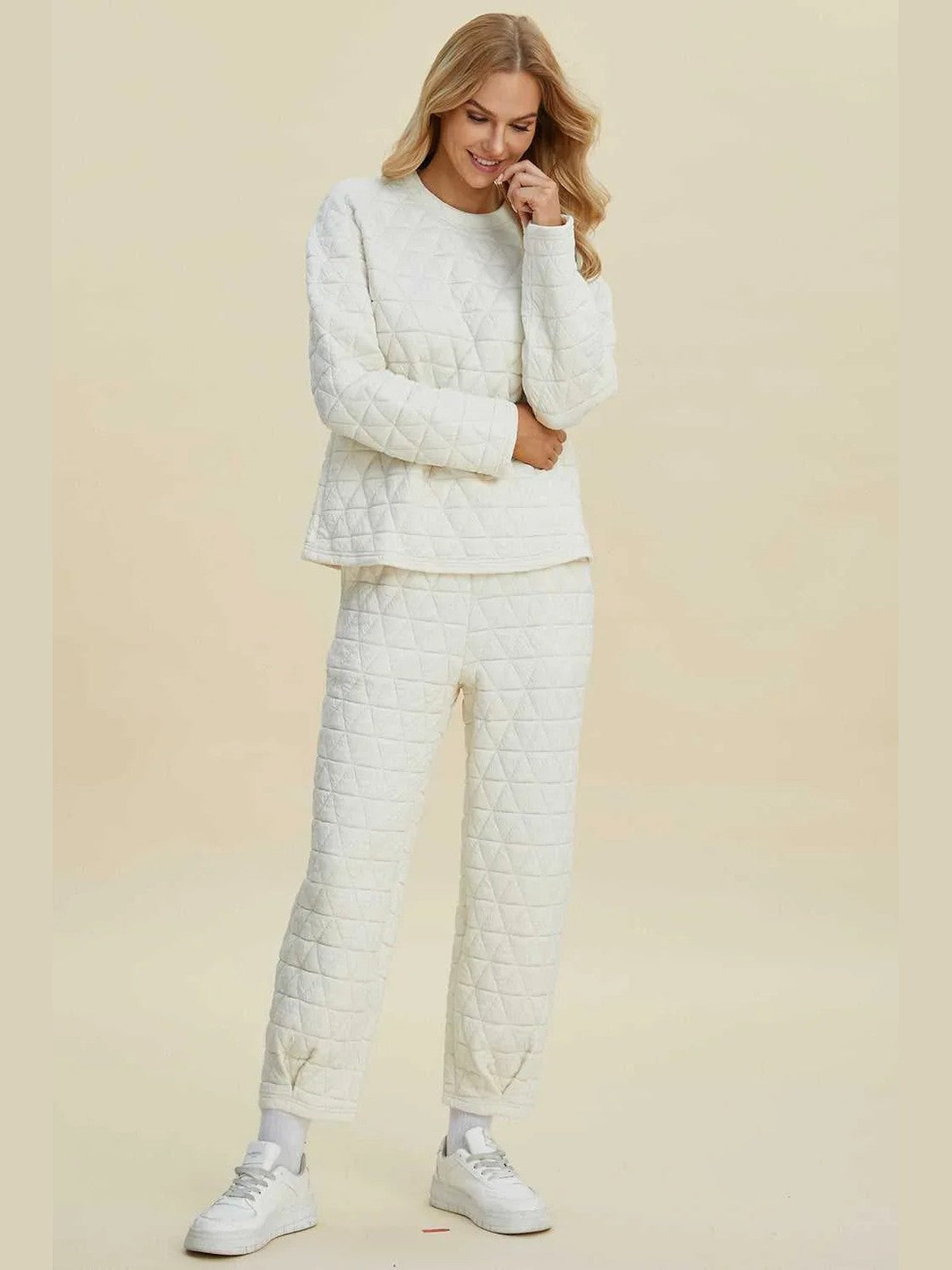 Double Take Full Size Texture Round Neck Long Sleeve Top and Pants Set -- 