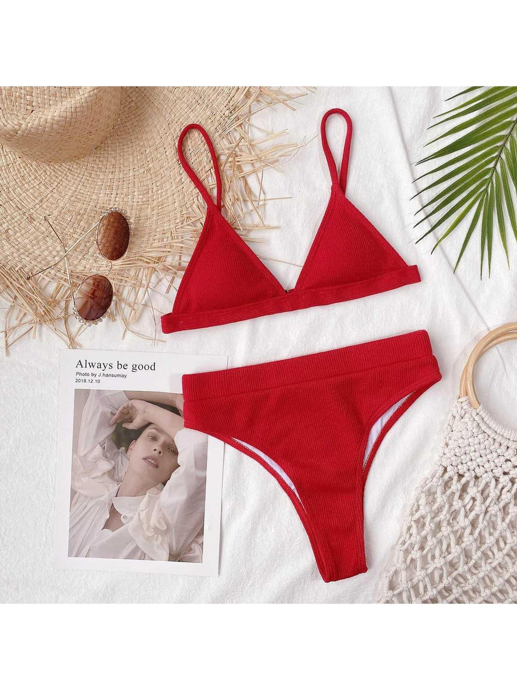Spaghetti Strap Ribbed Bikini Set -- 