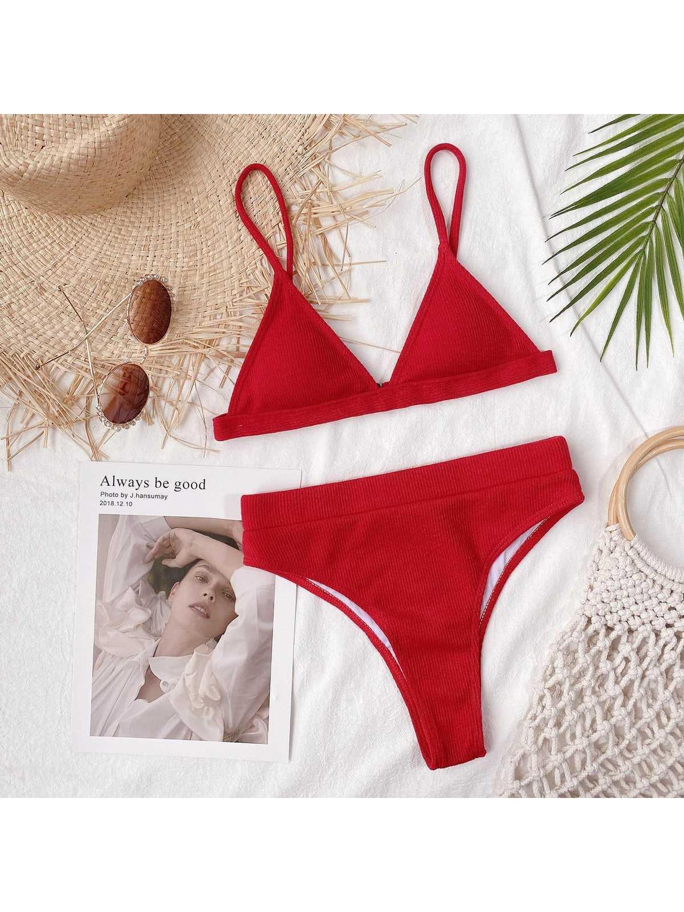 Spaghetti Strap Ribbed Bikini Set -- 