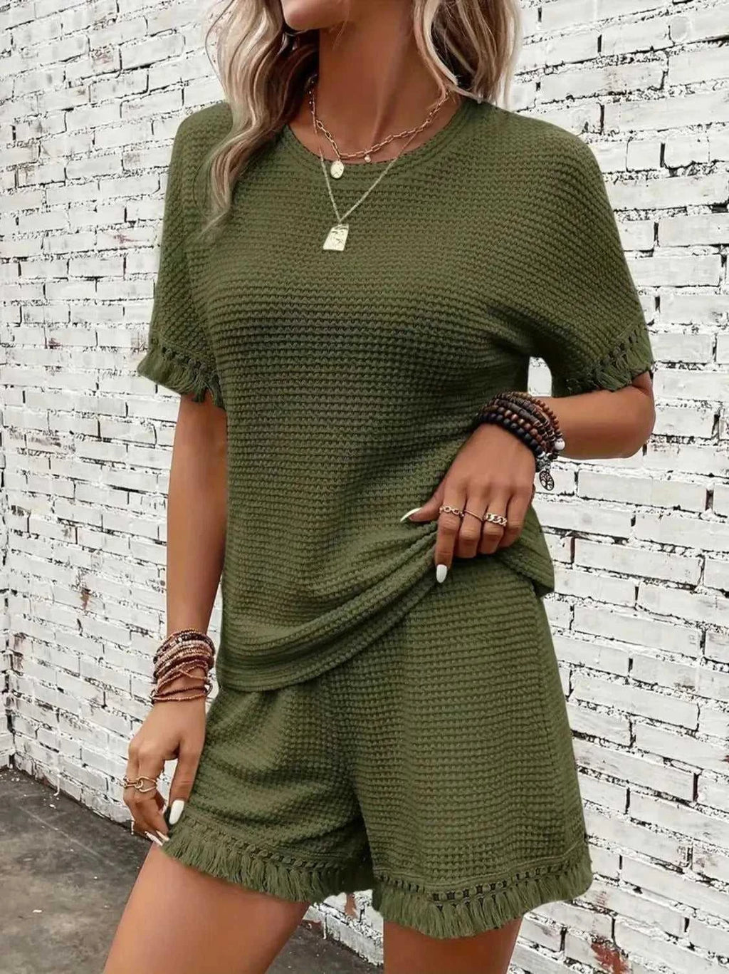 Tassel Round Neck Top and Shorts Set -- 