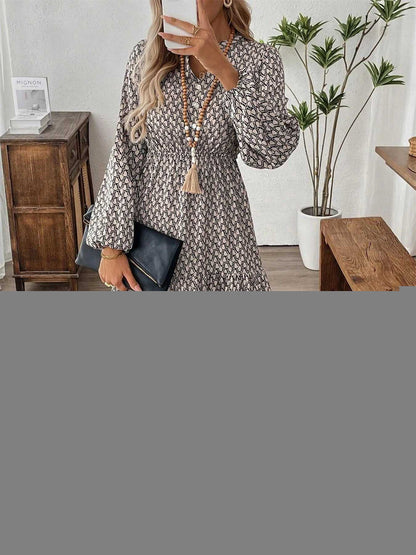 Tiered Printed Notched Long Sleeve Dress