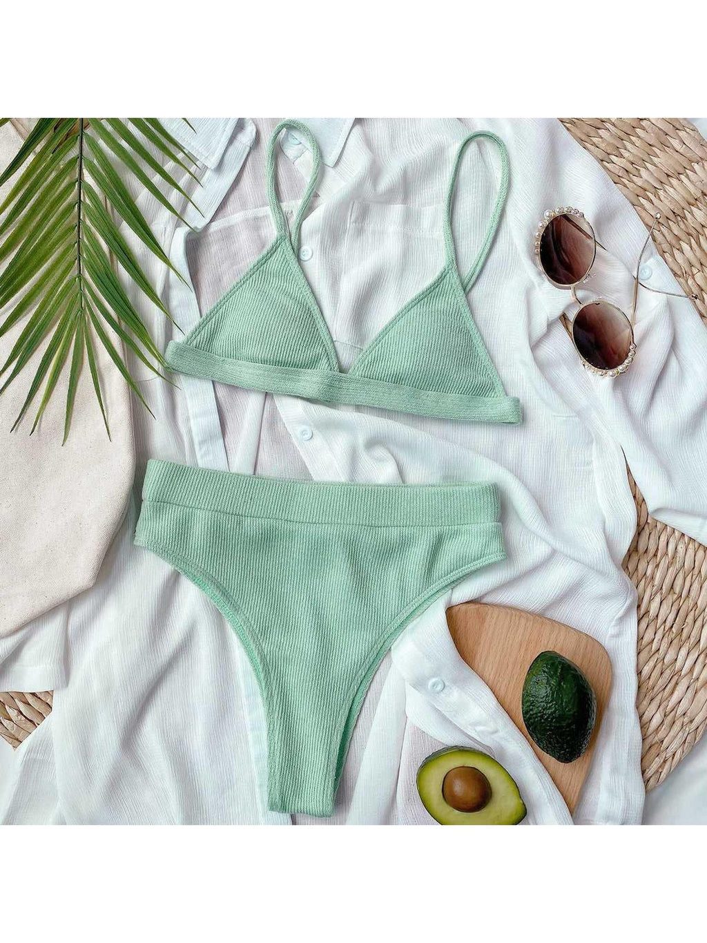 Spaghetti Strap Ribbed Bikini Set -- 