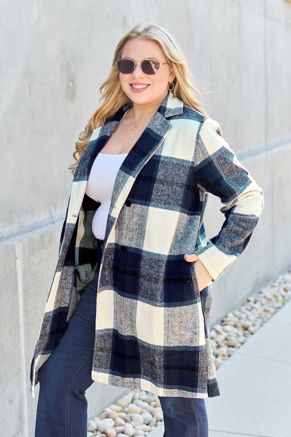 Double Take Full Size Plaid Button Up Lapel Collar Coat -- 