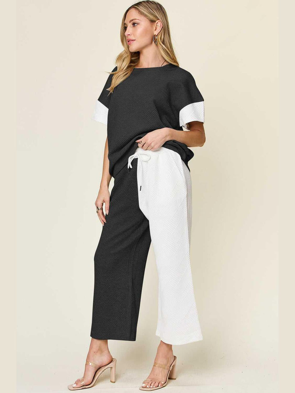 Double Take Full Size Texture Contrast T-Shirt and Wide Leg Pants Set -- 