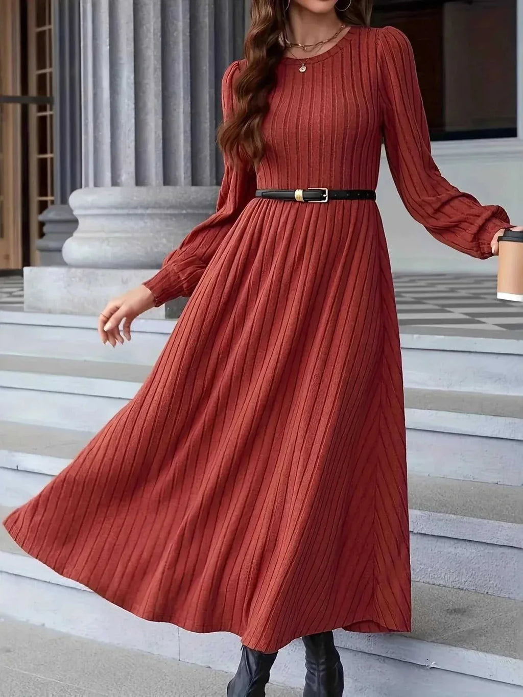 Ribbed Long Sleeve Sweater Dress -- 