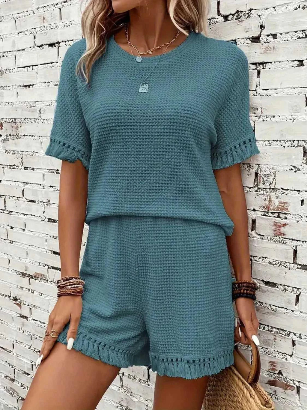 Tassel Round Neck Top and Shorts Set -- 