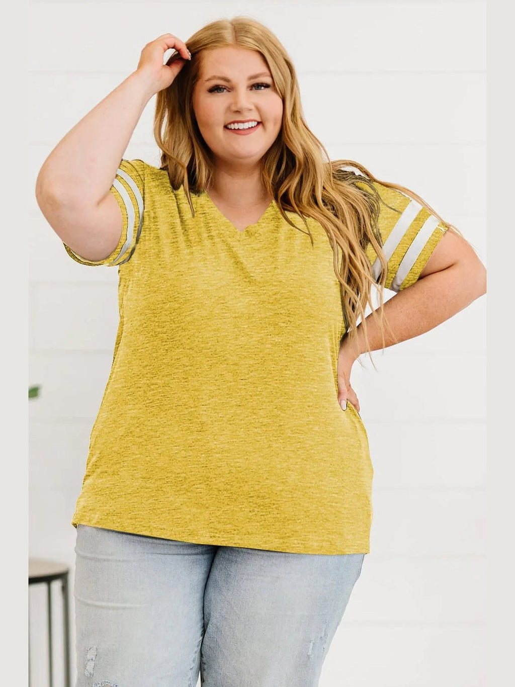 Plus Size Striped V-Neck Tee Shirt -- 