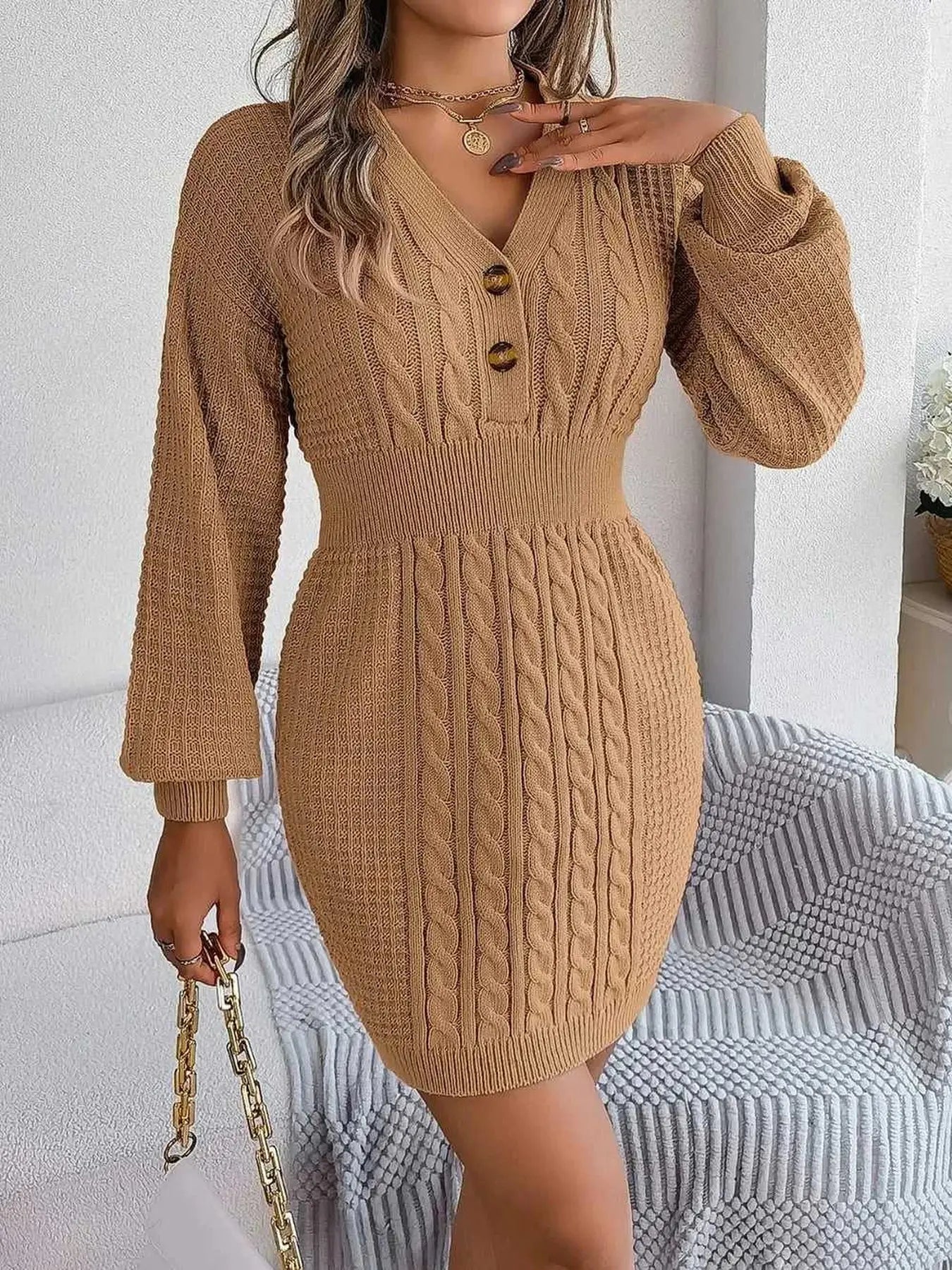 Buttoned Cable-Knit V-Neck Sweater Dress -- 