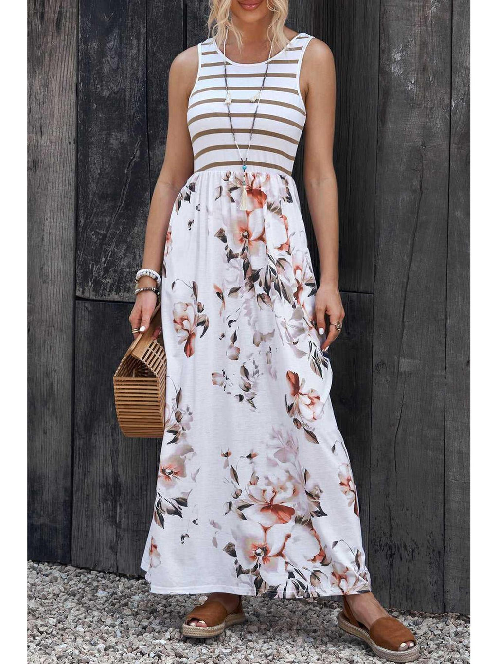 Striped Floral Round Neck Sleeveless Maxi Dress -- 