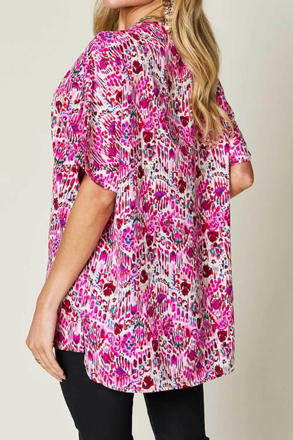 Double Take Full Size Printed V-Neck Short Sleeve Blouse -- 