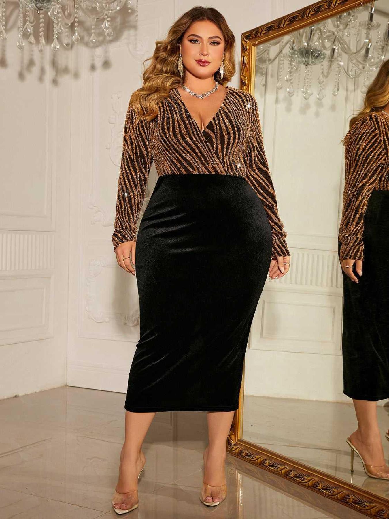 Honey Plus Size Surplice Neck Long Sleeve Slit Dress -- 