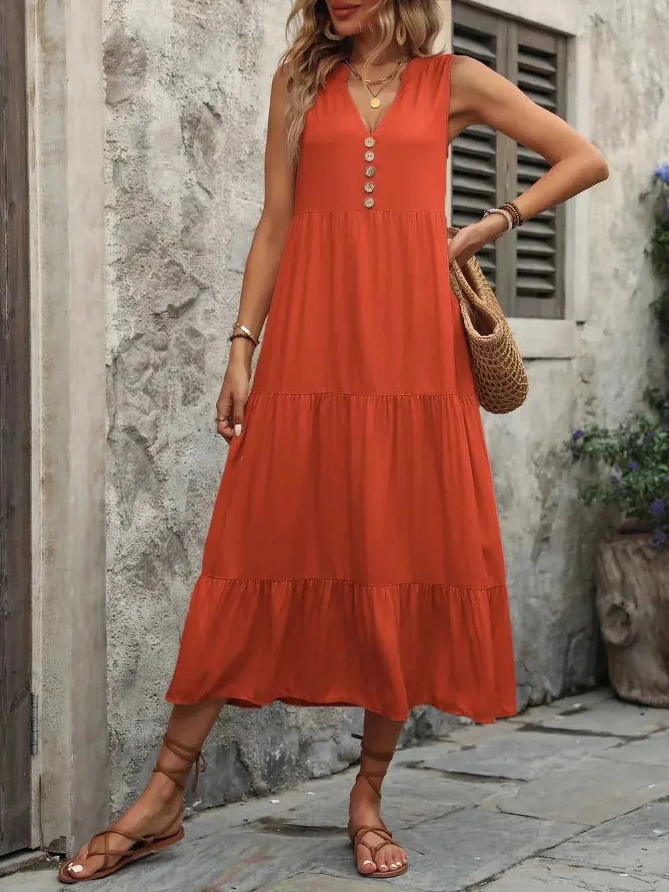 Ivy Lane Decorative Button Notched Sleeveless Dress -- 