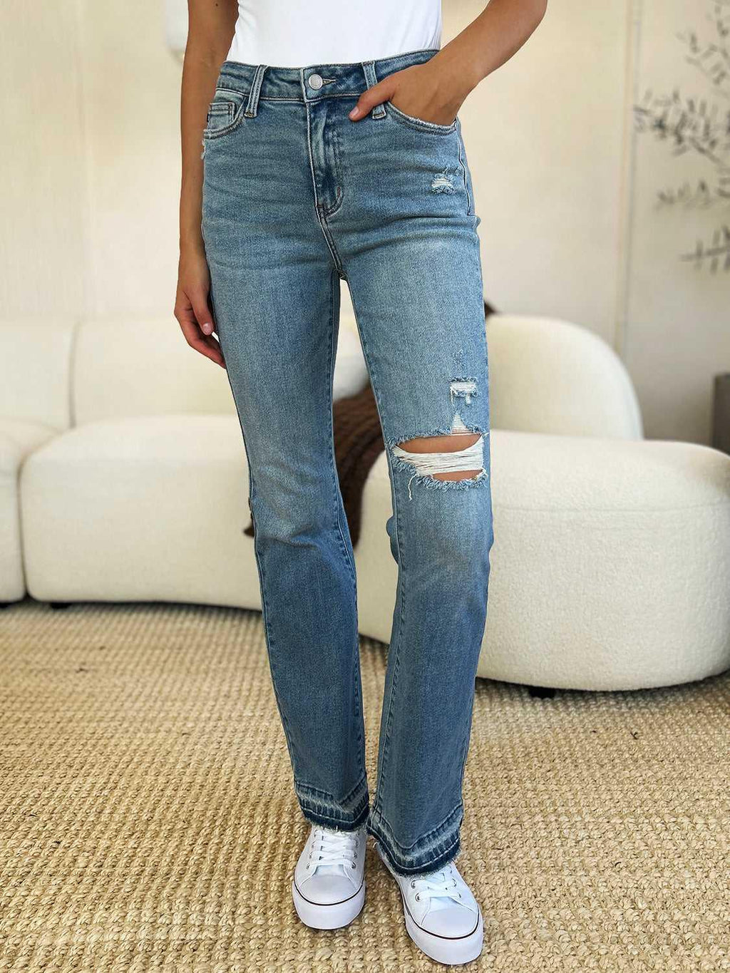 Judy Blue Full Size Mid Rise Destroyed Hem Distressed Jeans -- 