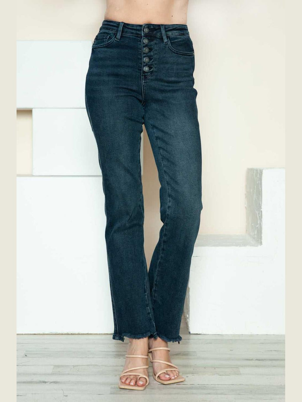 Judy Blue Full Size Button Fly Hem Destroy Straight Jeans -- 