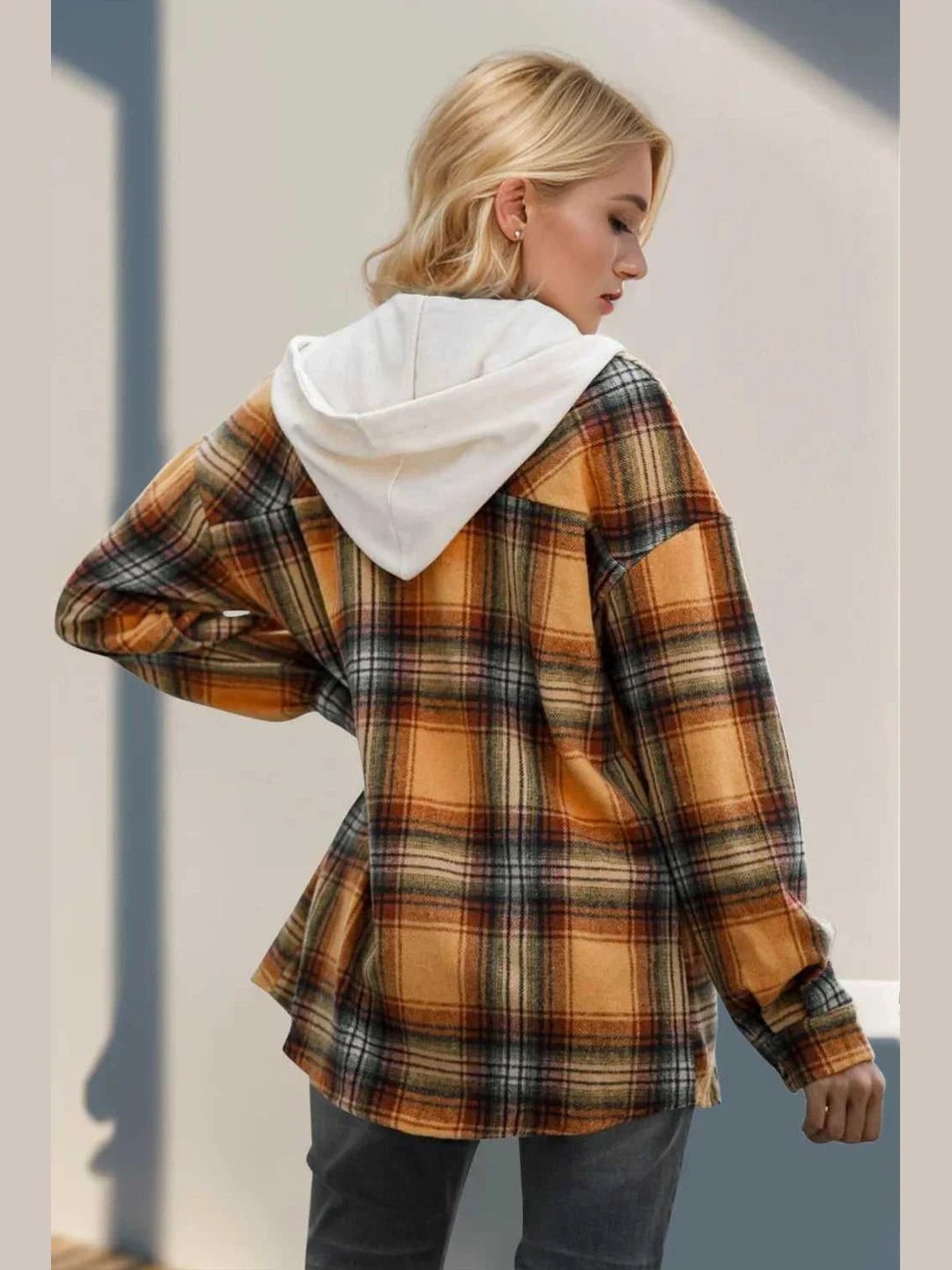 Double Take Drawstring Plaid Long Sleeve Hooded Shacket -- 