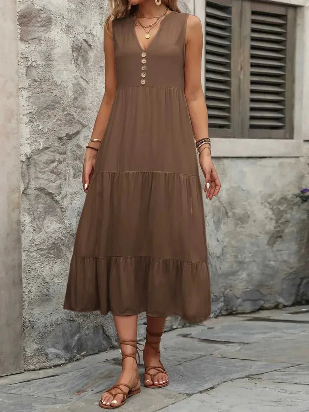 Ivy Lane Decorative Button Notched Sleeveless Dress -- 