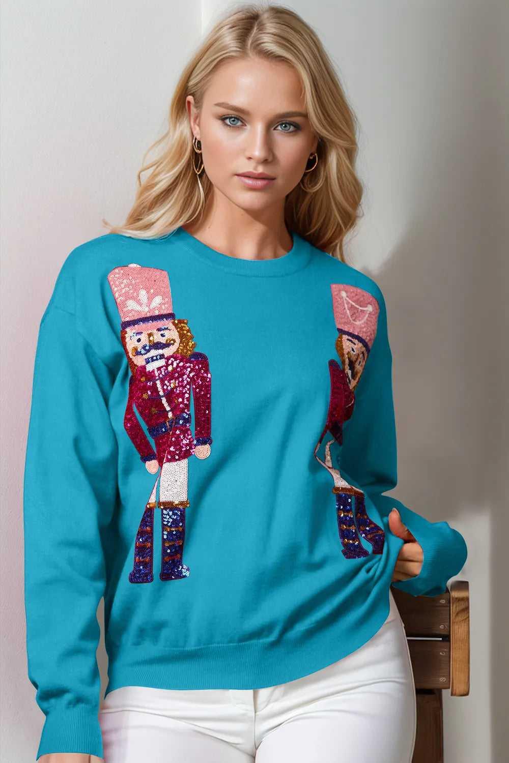 Double Take Full Size Nutcracker Sequin Long Sleeve Sweater -- 