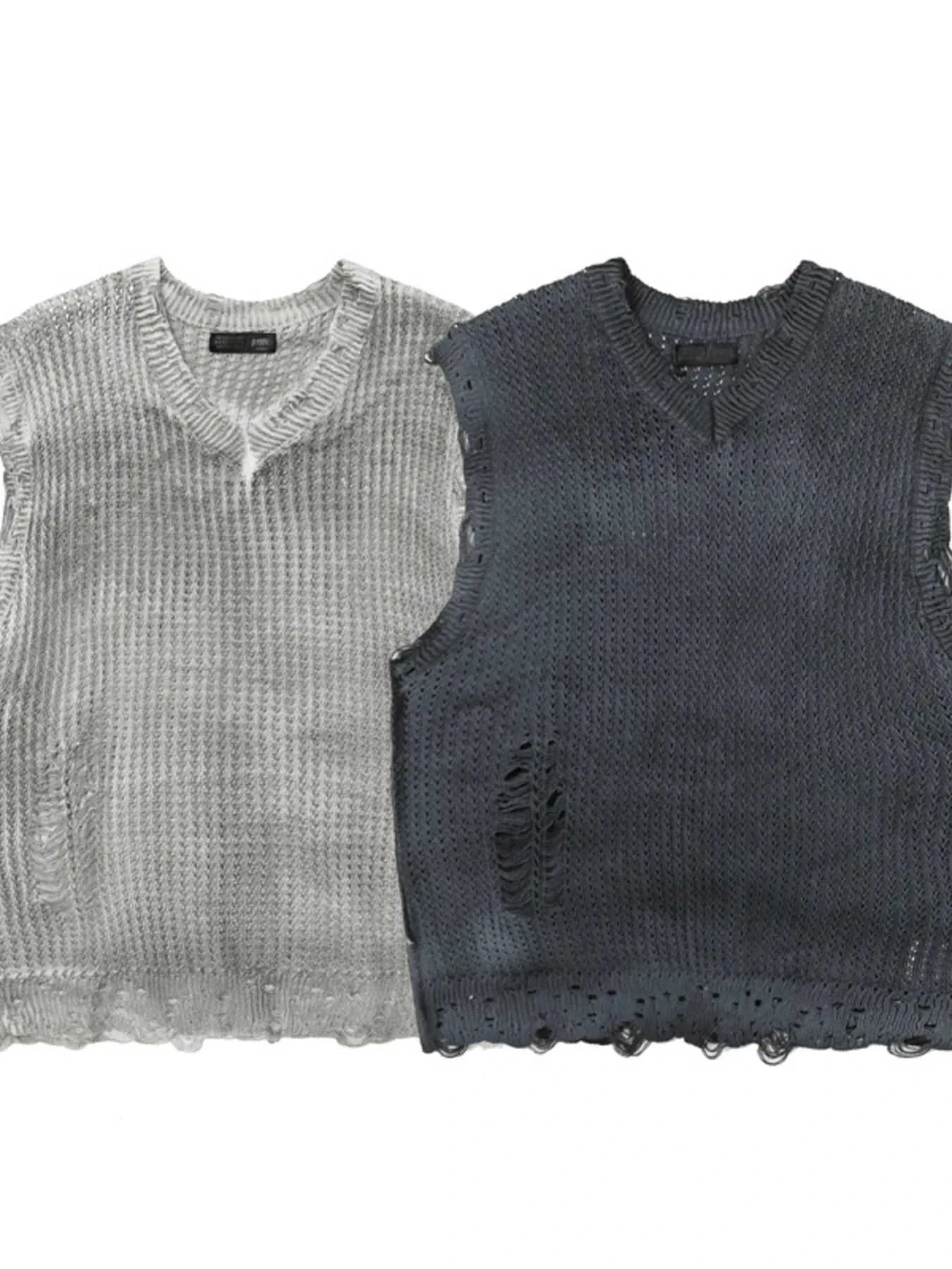Men's Distressed Knit Vest with Frayed Edges
