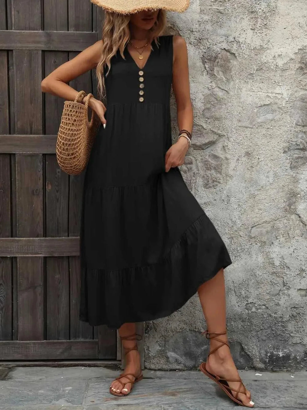 Ivy Lane Decorative Button Notched Sleeveless Dress -- 