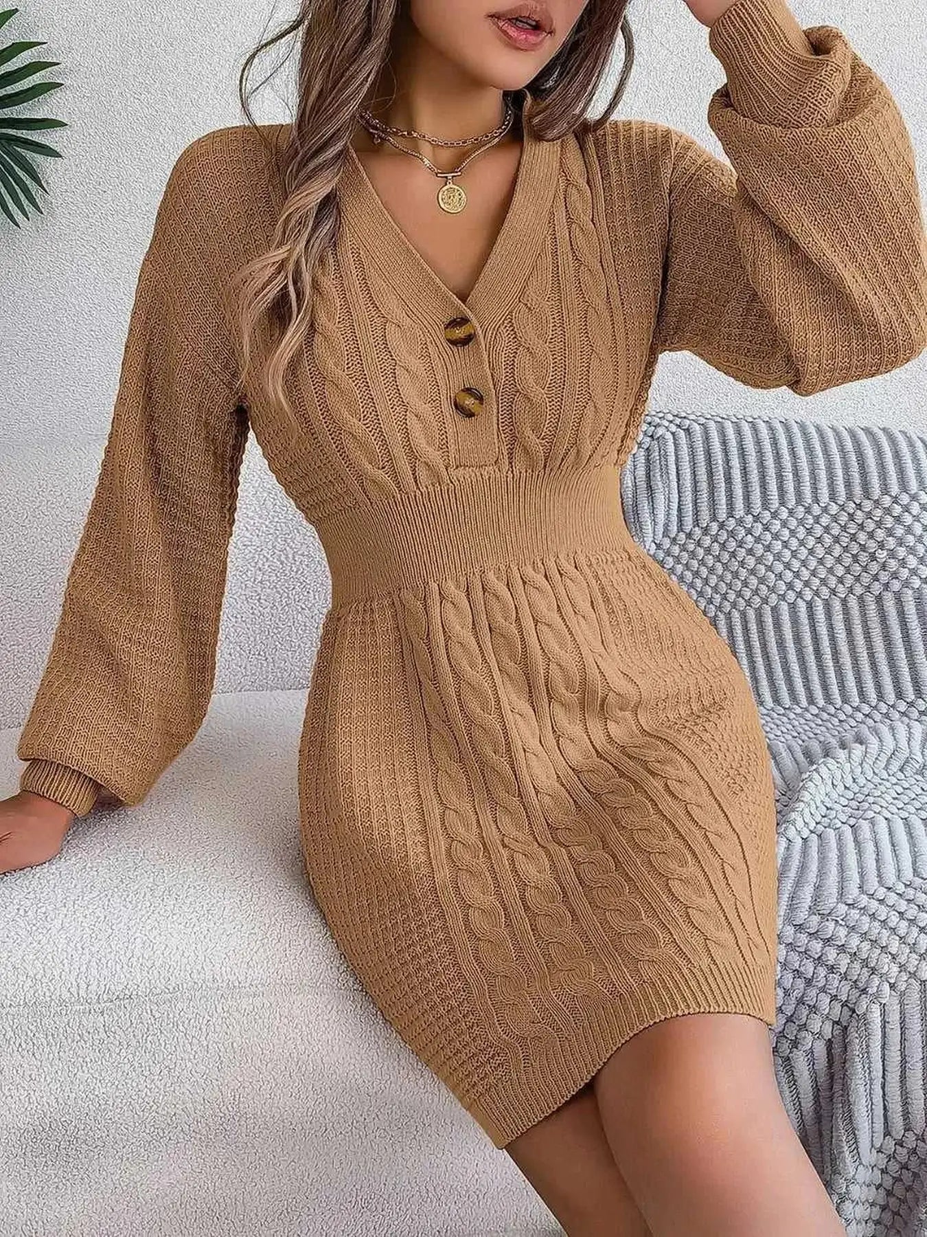 Buttoned Cable-Knit V-Neck Sweater Dress -- 