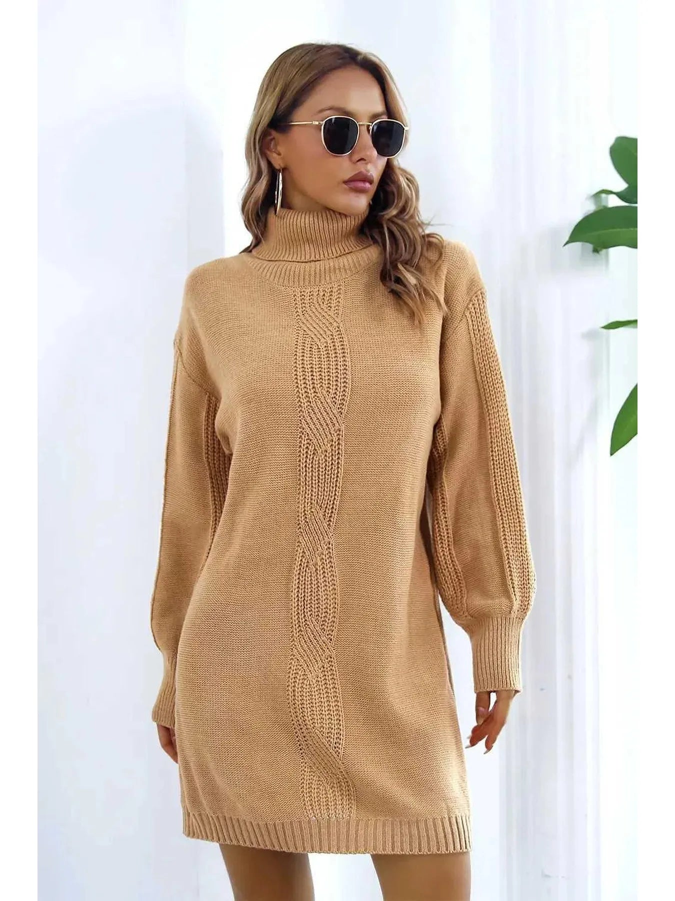 Openwork Turtleneck Long Sleeve Sweater Dress -- 