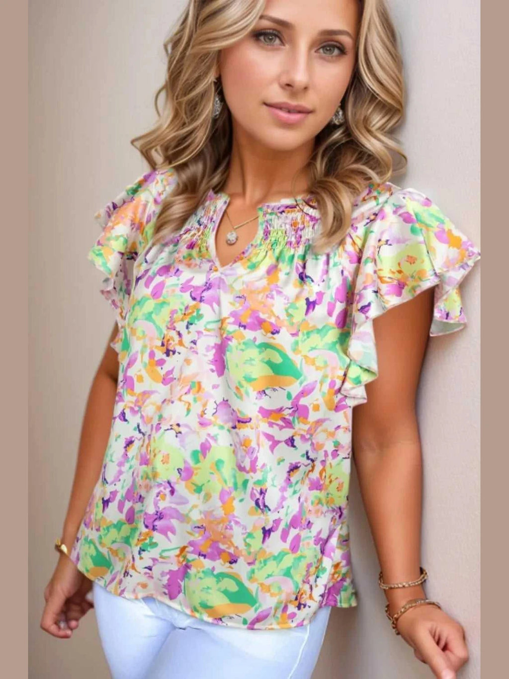 Abstract Printed Ruffled Short Sleeve Notched Neck Blouse -- 