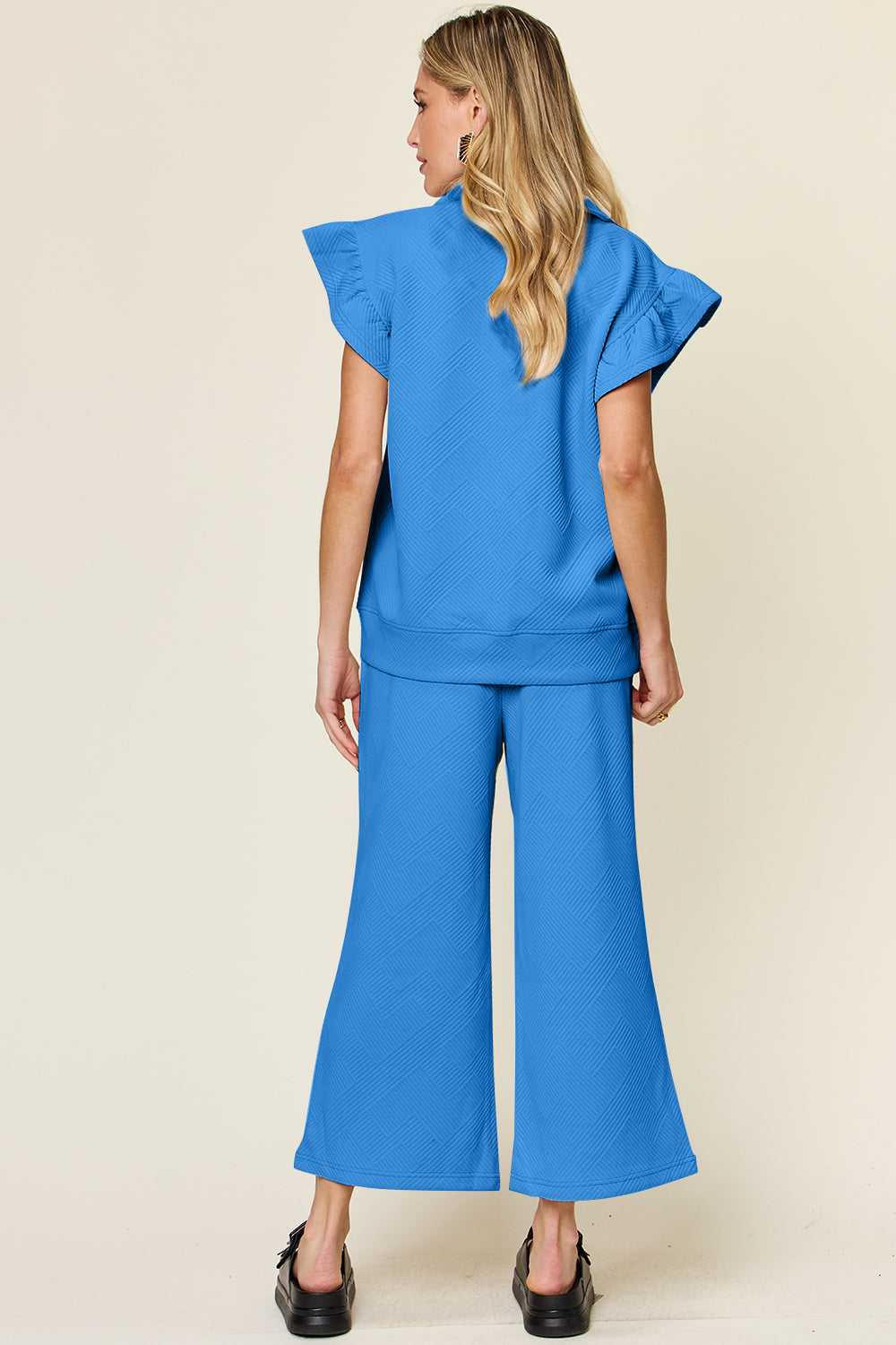 Ruffle Short Sleeve Top and Drawstring Wide Leg Pants Set