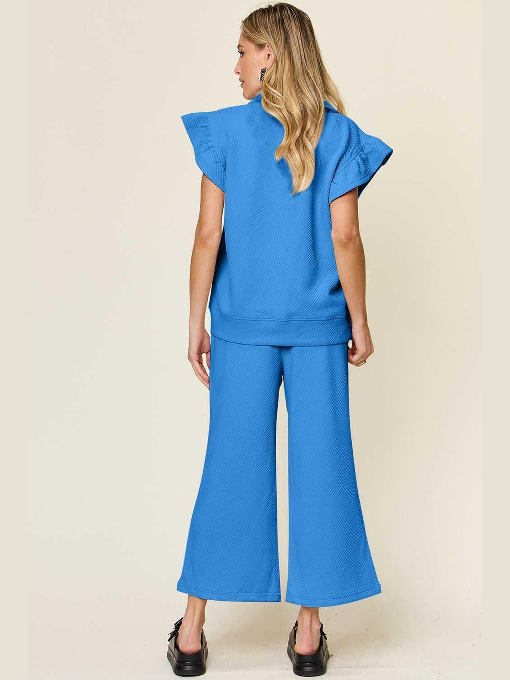 Ruffle Short Sleeve Top and Drawstring Wide Leg Pants Set -- 