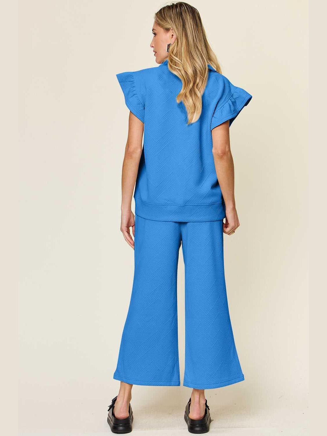 Ruffle Short Sleeve Top and Drawstring Wide Leg Pants Set -- 
