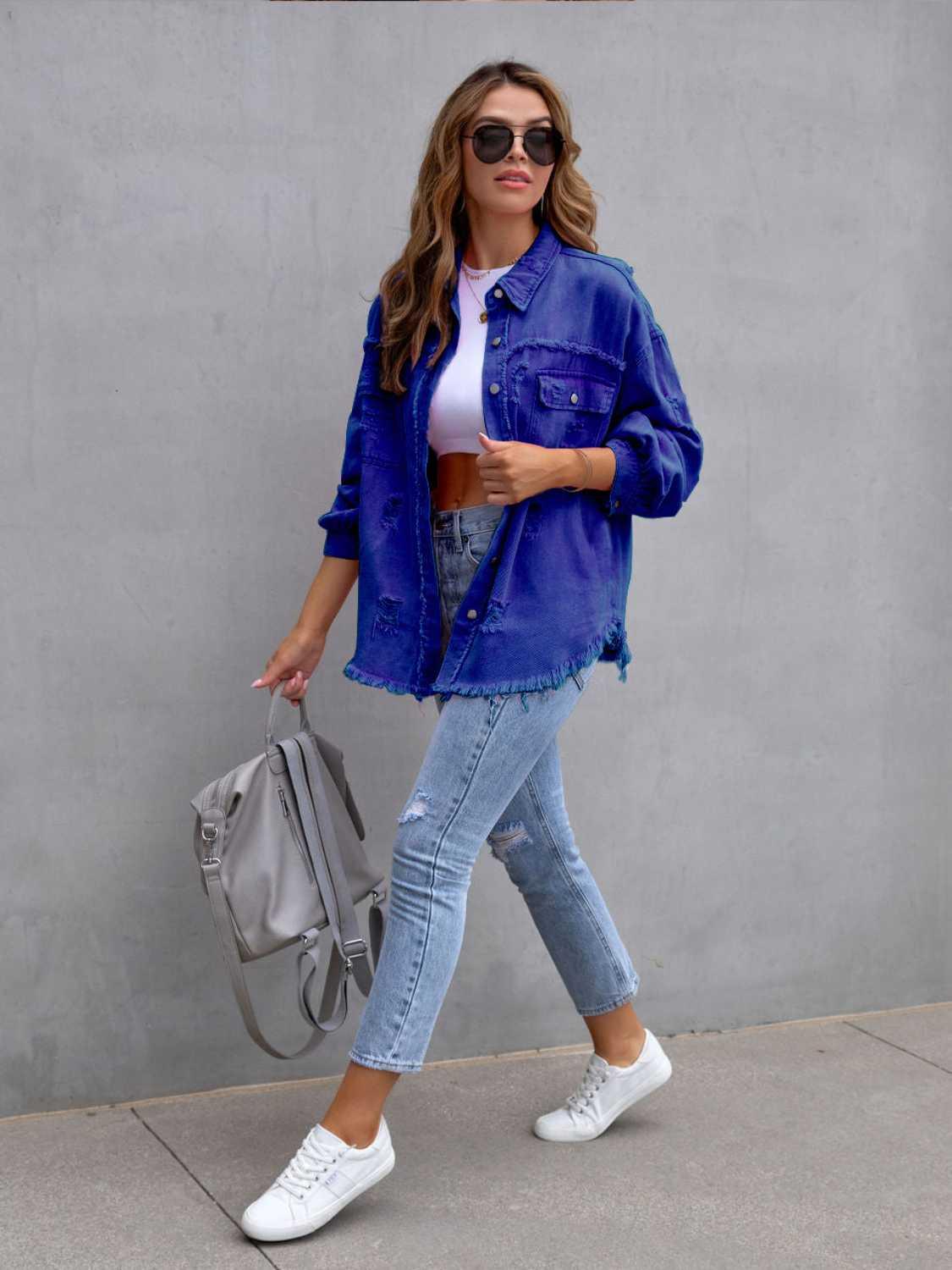 Distressed Drop Shoulder Denim Jacket -- 