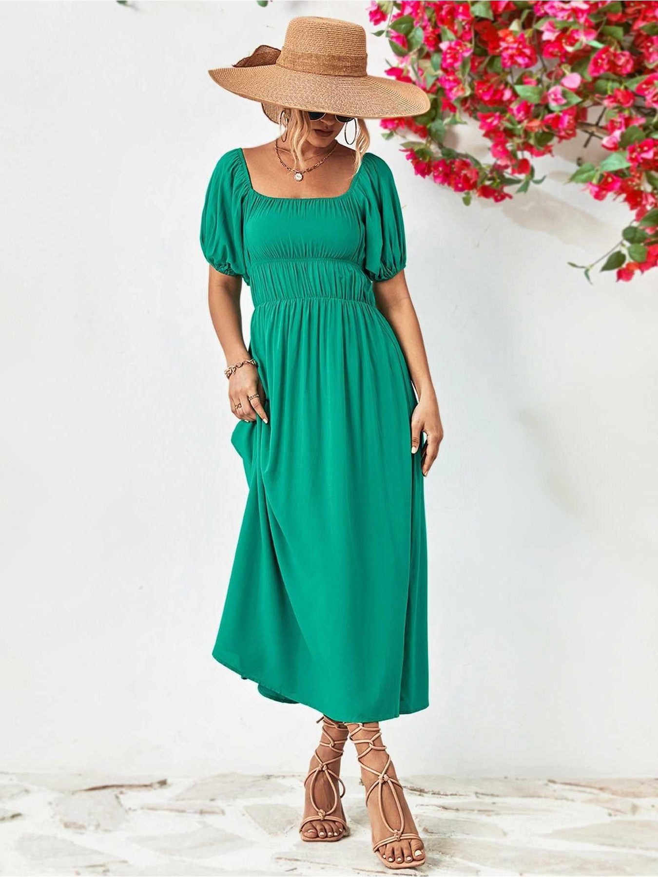 Off-Shoulder Balloon Sleeve Midi Dress -- 