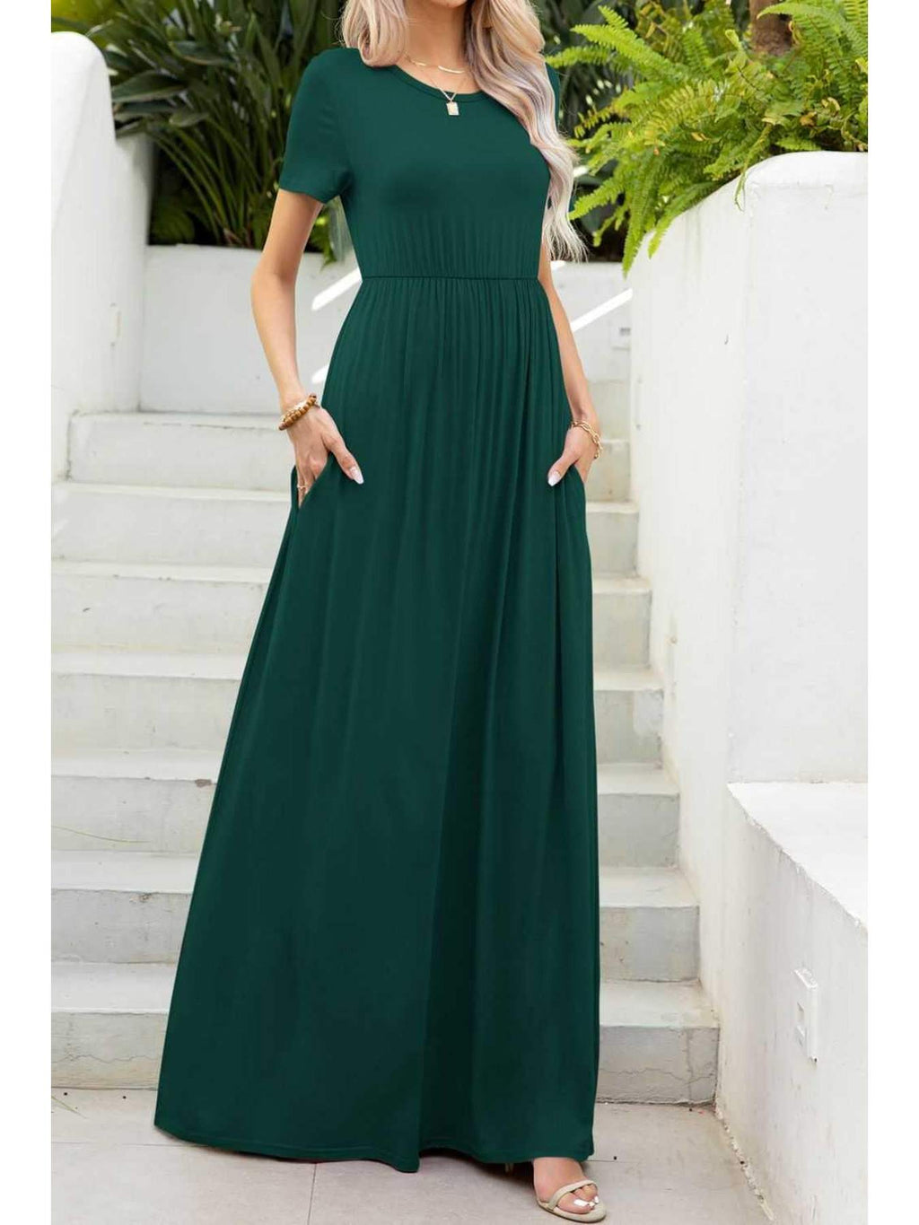 Round Neck Maxi Tee Dress with Pockets -- 