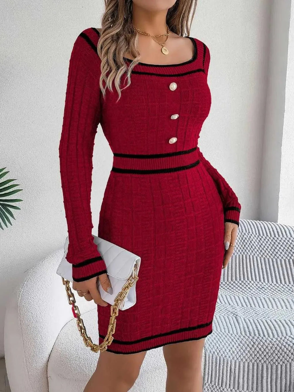 Contrast Trim Long Sleeve Sweater Dress -- 