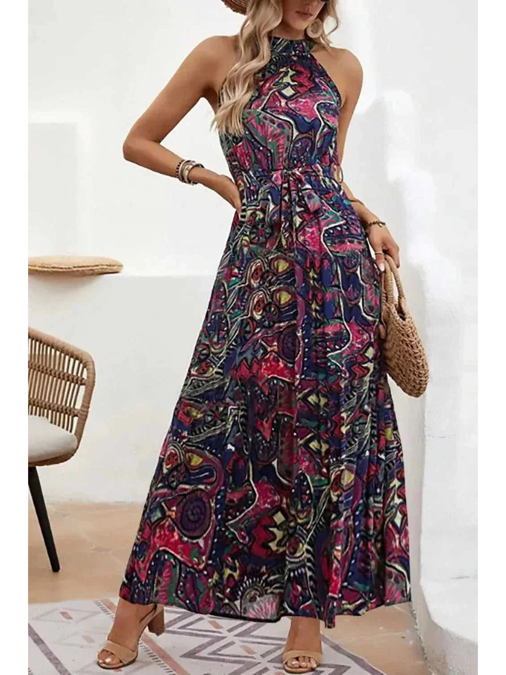 Tied Floral Sleeveless Dress -- 