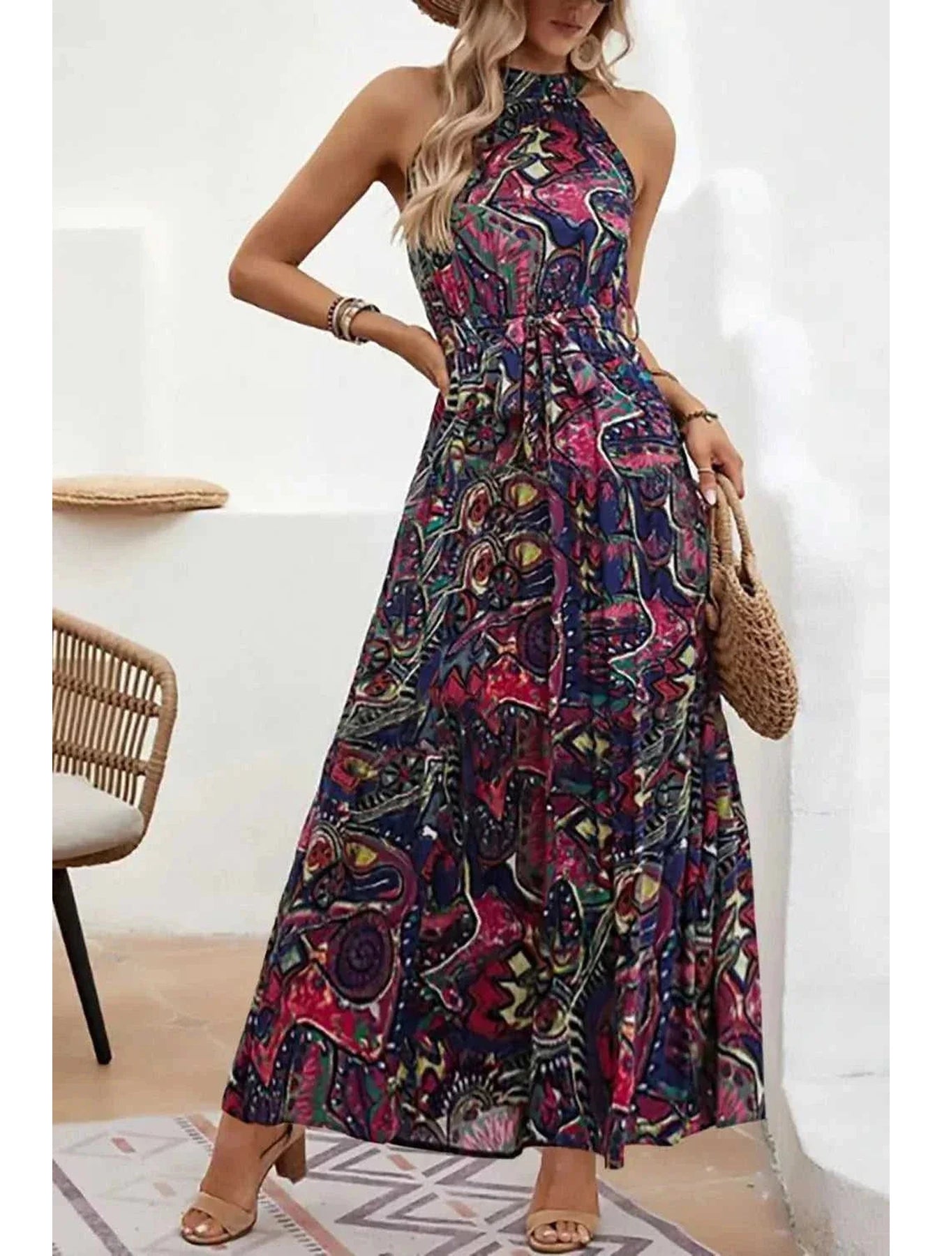 Tied Floral Sleeveless Dress -- 