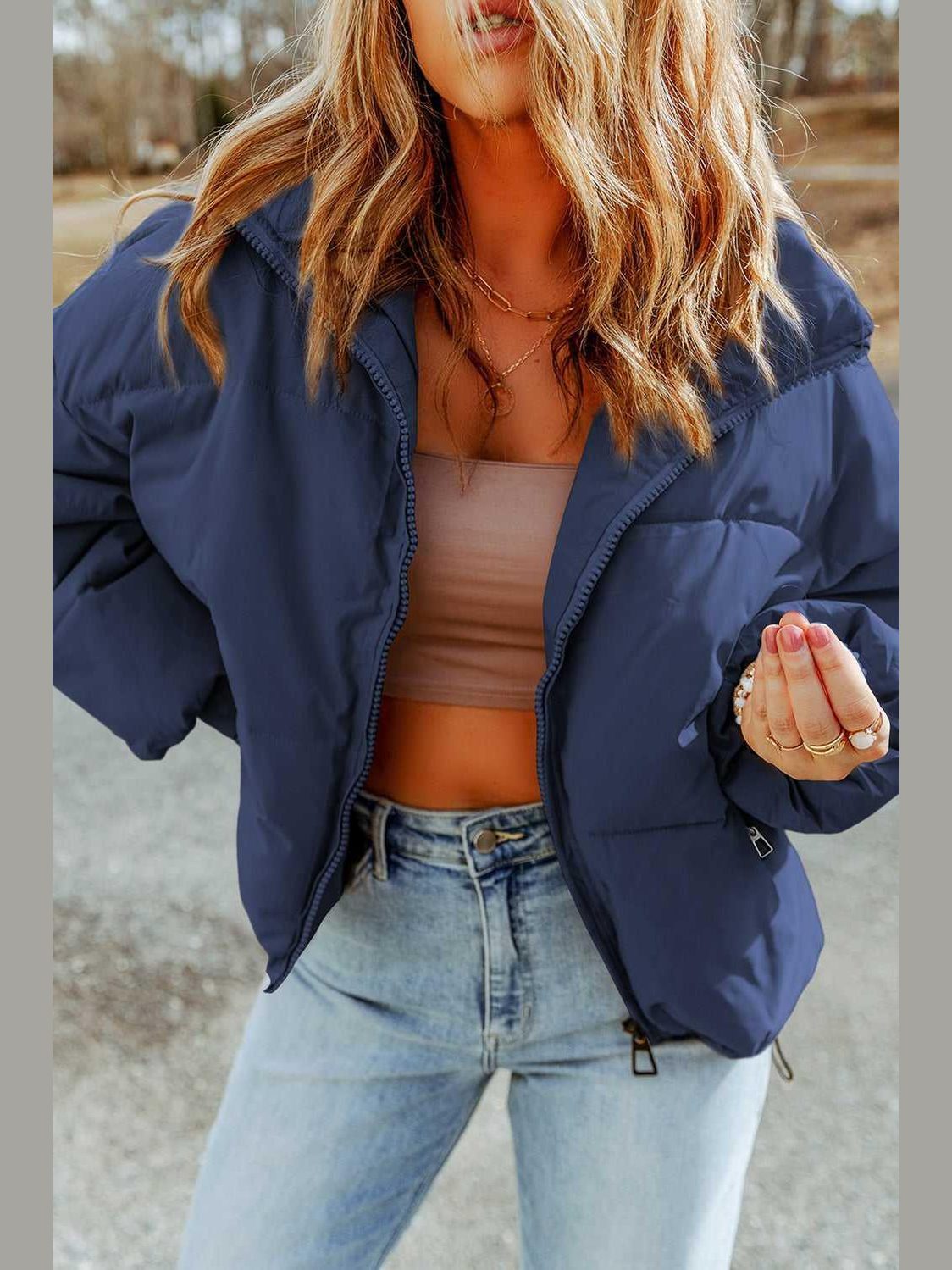 Zip Up Collared Neck Coat with Pockets -- 