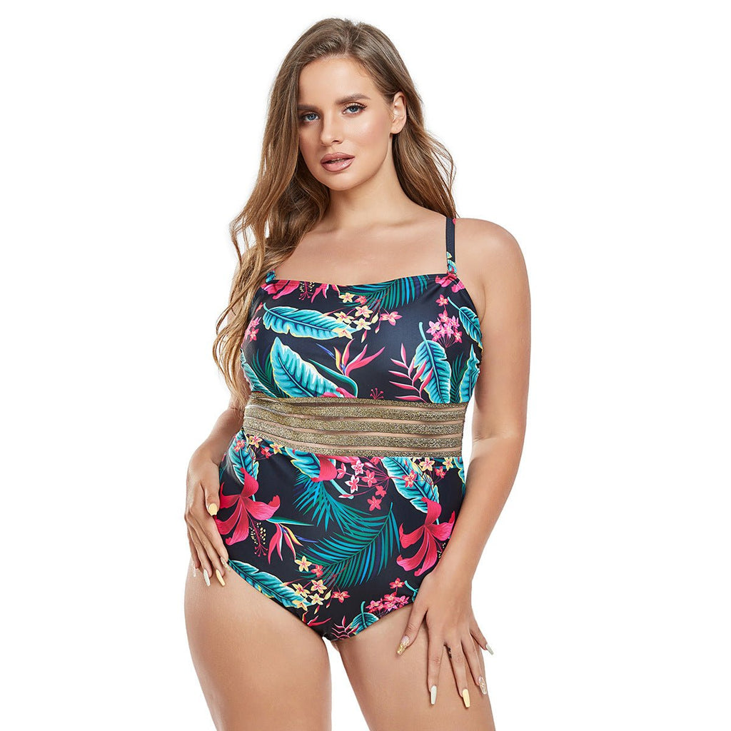 Plus Size Tropical Print One-Piece Swimsuit – High Waist Style