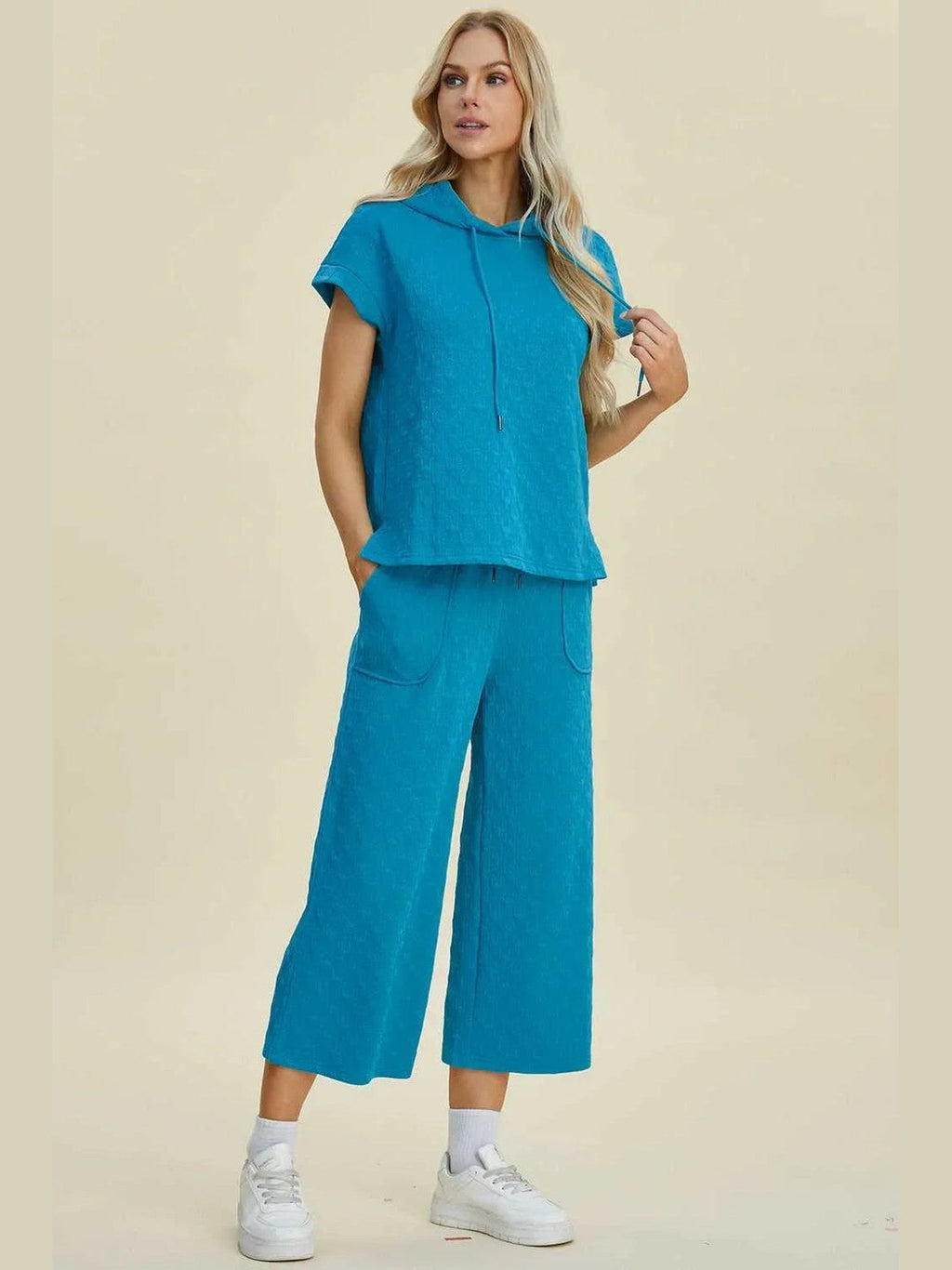 Double Take Full Size Texture Drawstring Short Sleeve Hoodie and Pocketed Pants Set -- 