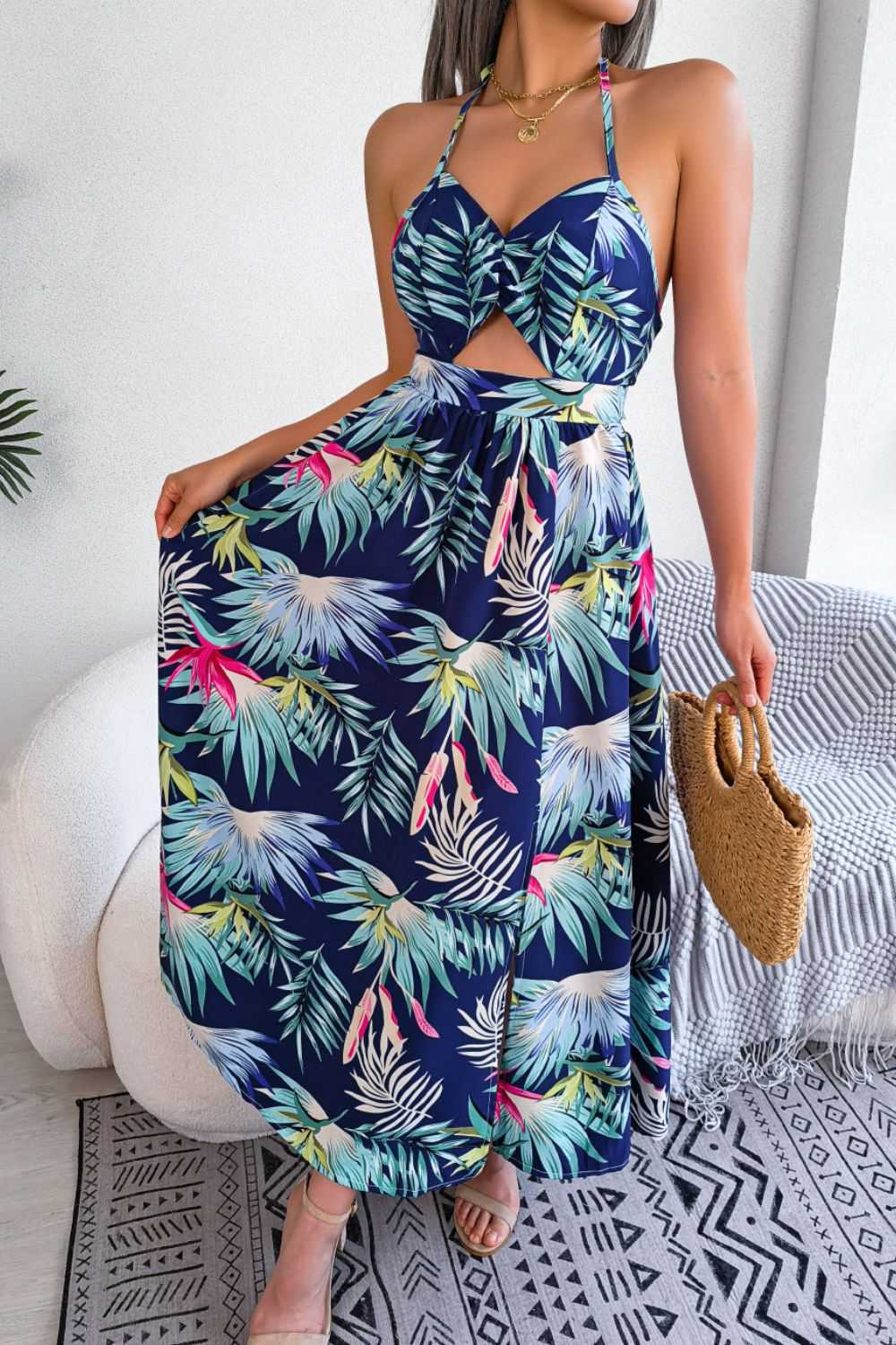 Botanical Print Tied Backless Cutout Slit Dress - product_type from hopeford-streams.myshopify.com